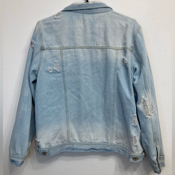 Cavalini Distressed Light Wash Denim Jacket, Floral Embroidery, Women’s Medium - Picture 6 of 8